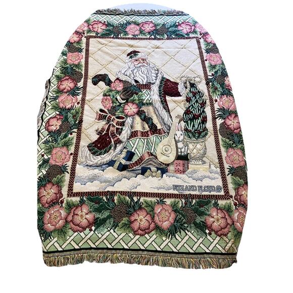 VTG Fitz And Floyd Santa Throw Woven Cotton Fringed Reverse Weave 67” x 52” - Picture 2 of 16